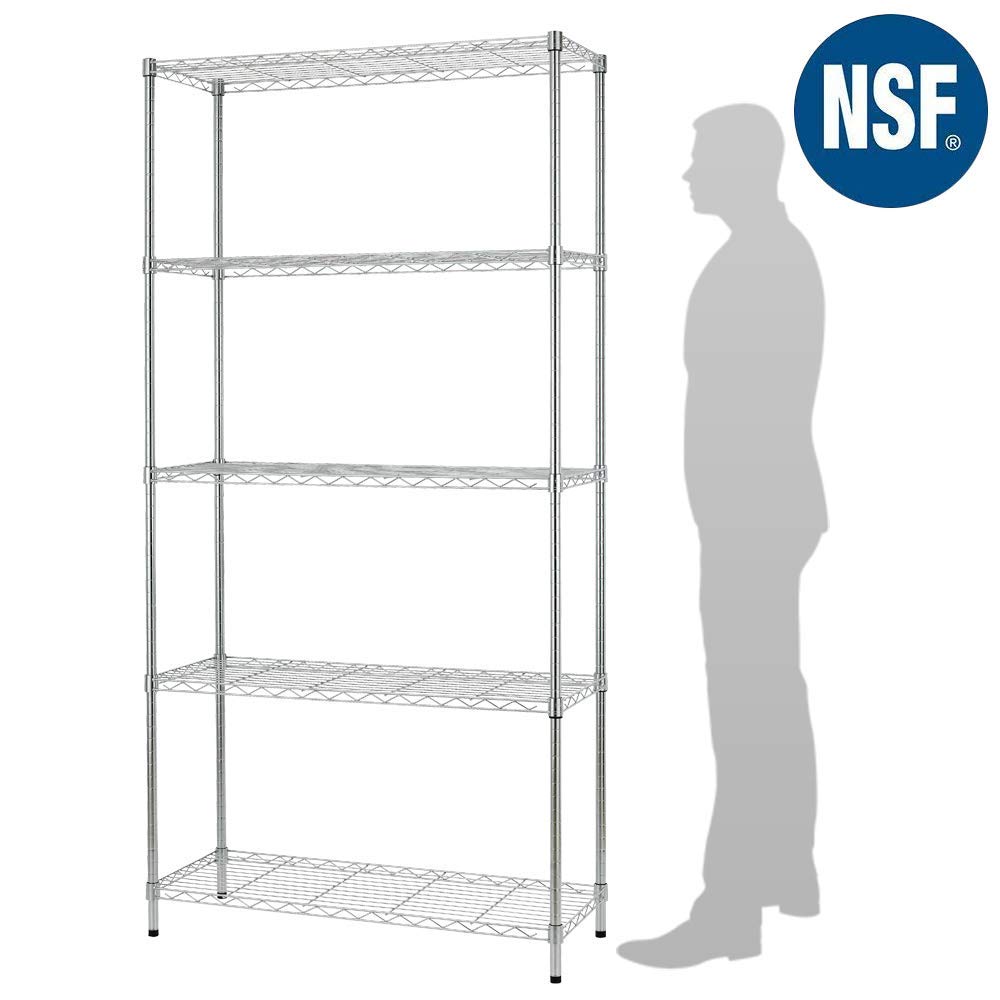 5 Tier Wire Shelving Unit 72"x36"x14" Storage Metal Shelf Sturdy Steel Heavy Duty Layer Rack Organization for Restaurant Garage Pantry Kitchen Space-Saving Overall Garage Rack Chrome