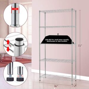 5 Tier Wire Shelving Unit 72"x36"x14" Storage Metal Shelf Sturdy Steel Heavy Duty Layer Rack Organization for Restaurant Garage Pantry Kitchen Space-Saving Overall Garage Rack Chrome