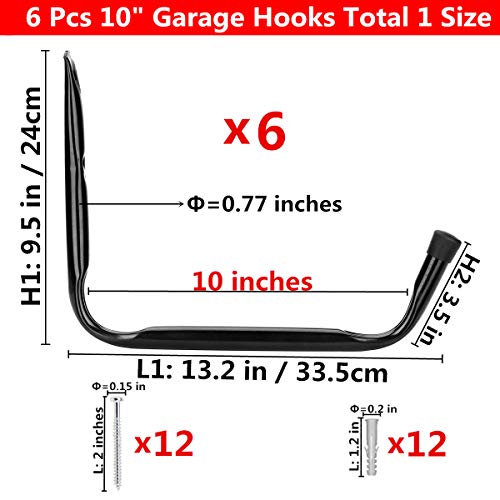Yisunnan Heavy Duty Giant Garage Storage Hook Wall Mounted Utility Hanging Rack for Surfboard,Ladder,Kayak (6 Pcs Black 10" J Hook)