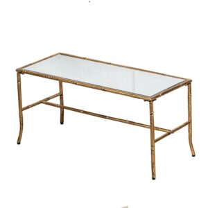 A and B Home 36" L Rectangle Indoor Elegant Coffee Table, w/Glass Top, Antique Gold Metal Frame, Padded Feet