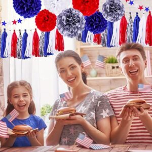 30PCS 4th of July Patriotic Party Decorations Tissue Paper Pom Poms Flowers Blue Red Silver Tassels Garland Star Streamers Memorial Independence Day Party Supplies