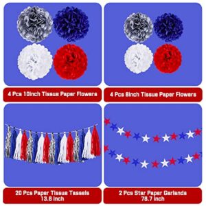 30PCS 4th of July Patriotic Party Decorations Tissue Paper Pom Poms Flowers Blue Red Silver Tassels Garland Star Streamers Memorial Independence Day Party Supplies