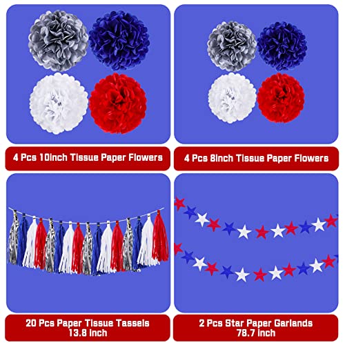 30PCS 4th of July Patriotic Party Decorations Tissue Paper Pom Poms Flowers Blue Red Silver Tassels Garland Star Streamers Memorial Independence Day Party Supplies