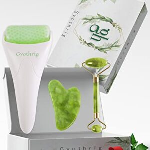 Face Ice Roller Jade & Gua Sha Set Gifts for Women Mom Mothers Day Facial Puffy Eyes Massage Natural Cooling Anti Wrinkle Skin Care Travel Tools Treatment for Puffiness Migraine Pain Relief Relaxing