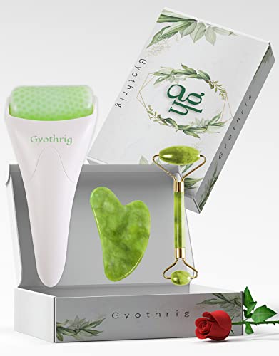 Face Ice Roller Jade & Gua Sha Set Gifts for Women Mom Mothers Day Facial Puffy Eyes Massage Natural Cooling Anti Wrinkle Skin Care Travel Tools Treatment for Puffiness Migraine Pain Relief Relaxing