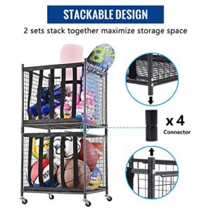 Mythinglogic Rolling Sports Ball Storage Cart, Sports Lockable Ball Storage Locker with Elastic Straps, Stackable Ball Cage for Garage Storage Garage Organizer (1 Set)