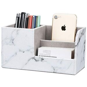 kingfom desk organizer office supplies caddy pu leather multi-function storage box pen/pencil,cell phone, business name cards remote control holder gray marble