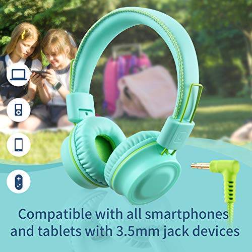 POWMEE M2 Kids Headphones Wired Headphone for Kids,Foldable Adjustable Stereo Tangle-Free,3.5MM Jack Wire Cord On-Ear Headphone for Children/Teens/Girls/Boys/School/Kindle/Airplane/Plane/ (Mint Green)