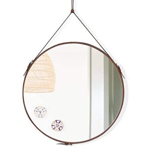 gurfuy round hanging mirror with pu leather strap hanger leather framed mirror for home decor wall mounted large circle hanging mirror for entryway bathroom living room bedroom washroom (brown-20inch)