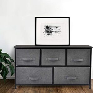 CERBIOR Wide Drawer Dresser Storage Organizer 5-Drawer Closet Shelves, Sturdy Steel Frame Wood Top with Easy Pull Fabric Bins for Clothing, Blankets - Charcoal