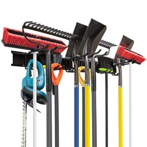 tool storage rack, 8 piece garage organizer, metal, wall mounted, holder for broom, mop, rake shovel & tools, by raxgo