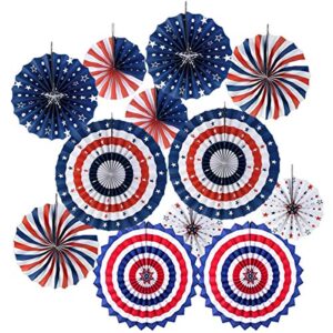 4th/fourth of july patriotic ddecorations -red white blue hanging paper fans for american independence day party decor supplies(set of 12)