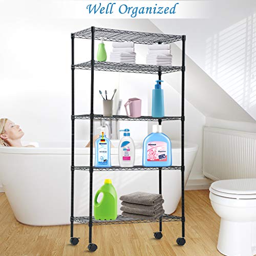 5 Tier Wire Shelving Unit NSF Heavy Duty Organizer Rack Height Adjustable Utility Steel Storage Shelves 14”W x 30”L x 60”H Commercial Grade Layer Shelf Metal Shelves w/Wheels for Garage Office Kitchen