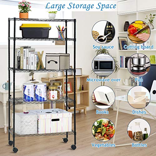 5 Tier Wire Shelving Unit NSF Heavy Duty Organizer Rack Height Adjustable Utility Steel Storage Shelves 14”W x 30”L x 60”H Commercial Grade Layer Shelf Metal Shelves w/Wheels for Garage Office Kitchen