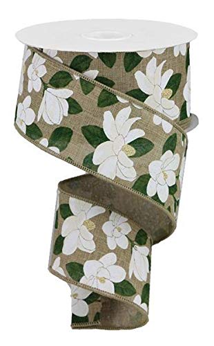 Magnolia Flower Canvas Wired Edge Ribbon, 10 Yards (Light Beige, 2.5 Inches)