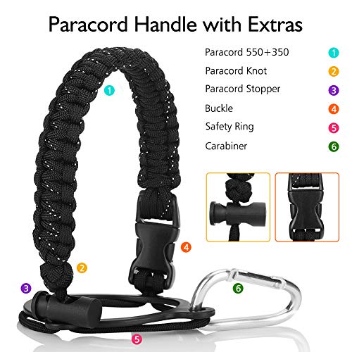 Water Bottle Handle for Hydro Flask and Other Wide Mouth Bottles, Paracord Strap Carrier for 12oz to 64oz Bottle, Bottle Accessories for Hiking - Assembled with Safety Ring and Carabiner (Black)