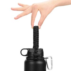 Water Bottle Handle for Hydro Flask and Other Wide Mouth Bottles, Paracord Strap Carrier for 12oz to 64oz Bottle, Bottle Accessories for Hiking - Assembled with Safety Ring and Carabiner (Black)