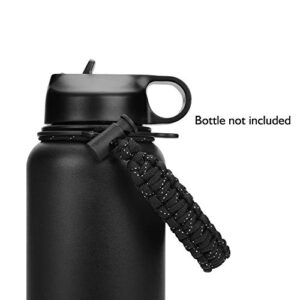 Water Bottle Handle for Hydro Flask and Other Wide Mouth Bottles, Paracord Strap Carrier for 12oz to 64oz Bottle, Bottle Accessories for Hiking - Assembled with Safety Ring and Carabiner (Black)