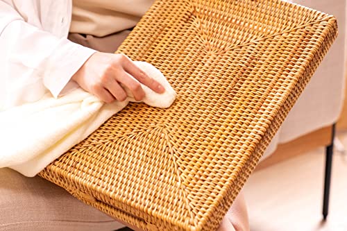 Hand-Woven Rattan Serving Tray with Handles for Breakfast, Drinks, Snack for Dining /Coffee Table (14.5 inch (37 cm), Rectangular)