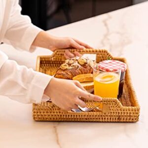 Hand-Woven Rattan Serving Tray with Handles for Breakfast, Drinks, Snack for Dining /Coffee Table (14.5 inch (37 cm), Rectangular)