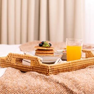 Hand-Woven Rattan Serving Tray with Handles for Breakfast, Drinks, Snack for Dining /Coffee Table (14.5 inch (37 cm), Rectangular)