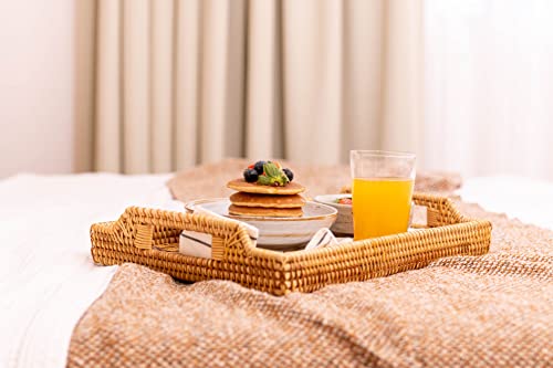 Hand-Woven Rattan Serving Tray with Handles for Breakfast, Drinks, Snack for Dining /Coffee Table (14.5 inch (37 cm), Rectangular)