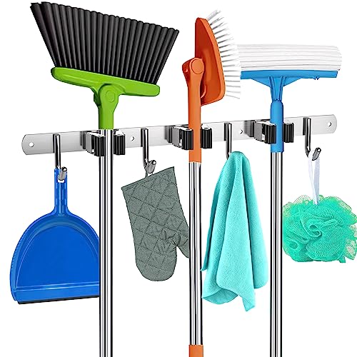 Homely Center Mop and Broom Holder Wall Mount – Heavy-Duty Broom Closet Organizer for Garage, Kitchen, Laundry Organization – Broom and Mop Holder – Tool Hanger with 3 broom racks and 4 broom hooks