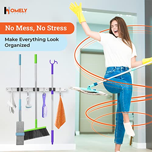 Homely Center Mop and Broom Holder Wall Mount – Heavy-Duty Broom Closet Organizer for Garage, Kitchen, Laundry Organization – Broom and Mop Holder – Tool Hanger with 3 broom racks and 4 broom hooks