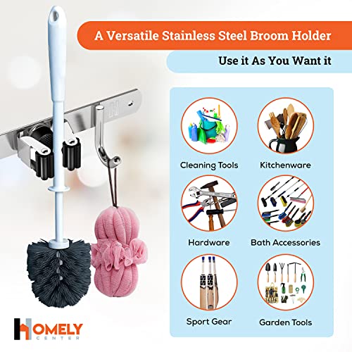 Homely Center Mop and Broom Holder Wall Mount – Heavy-Duty Broom Closet Organizer for Garage, Kitchen, Laundry Organization – Broom and Mop Holder – Tool Hanger with 3 broom racks and 4 broom hooks