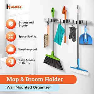 Homely Center Mop and Broom Holder Wall Mount – Heavy-Duty Broom Closet Organizer for Garage, Kitchen, Laundry Organization – Broom and Mop Holder – Tool Hanger with 3 broom racks and 4 broom hooks