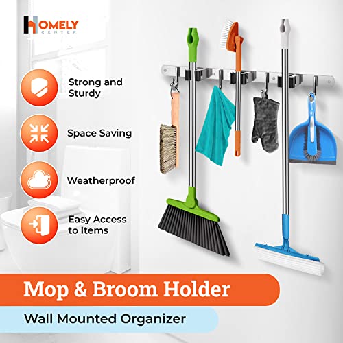 Homely Center Mop and Broom Holder Wall Mount – Heavy-Duty Broom Closet Organizer for Garage, Kitchen, Laundry Organization – Broom and Mop Holder – Tool Hanger with 3 broom racks and 4 broom hooks