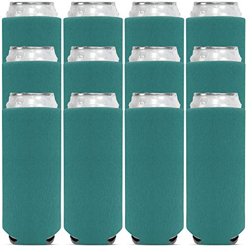 CSBD Blank Slim Beer Can Coolers Premium Quality Soft Drink Coolies Collapsible Insulators Bulk, 12 Packs, Great For Monograms, DIY Projects, Weddings, Parties, Events (12, Teal)
