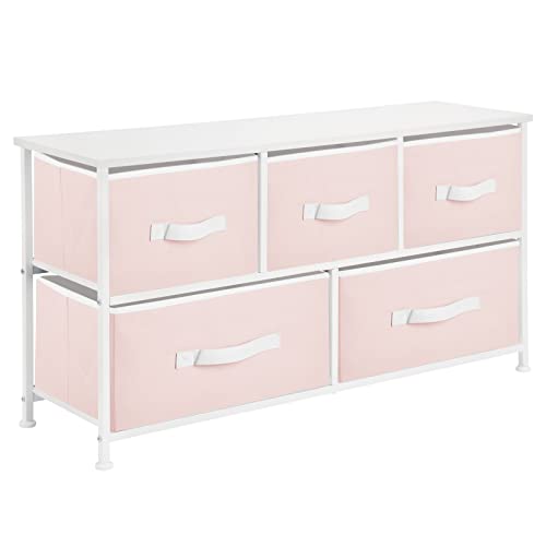 mDesign Wide Steel Frame/Wood Top Storage Dresser Furniture with 5 Fabric Drawers, Large Bureau Organizer for Baby, Kid, and Teen Bedroom, Nursery, Playroom, Dorm - Jane Collection, Pink/White, Pack of 1