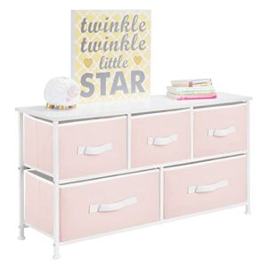 mdesign wide steel frame/wood top storage dresser furniture with 5 fabric drawers, large bureau organizer for baby, kid, and teen bedroom, nursery, playroom, dorm - jane collection, pink/white, pack of 1