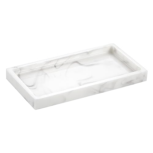 Emibele Vanity Tray, 8" Rectangular Resin Bathroom Kitchen Sink Counter Organizer Tray Dresser Tray Jewelry Ring Dish Holder Cosmetic Tray for Perfume Candle Small Plant Home Decor, Mini, Marble White