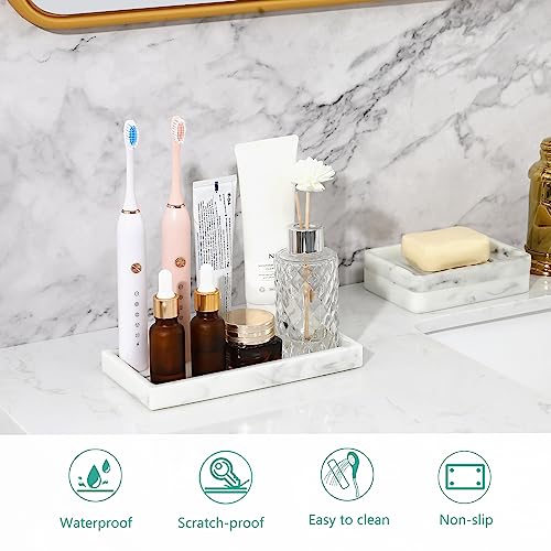 Emibele Vanity Tray, 8" Rectangular Resin Bathroom Kitchen Sink Counter Organizer Tray Dresser Tray Jewelry Ring Dish Holder Cosmetic Tray for Perfume Candle Small Plant Home Decor, Mini, Marble White