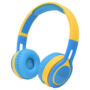 contixo kb2600 kids headphones - over the ear foldable bluetooth wireless headphone for kids - 85db with volume limited - micro sd card slot - toddler headphones for boys and girls (blue + yellow)