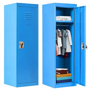 costzon 48" kids locker cabinet, daycare metal coat locker w/hanging rod & shelf for kids room bedroom school classroom, 2-tier storage locker w/ 2 keys for toys, clothes, sports gear, blue