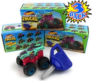 hot wheels monster trucks mini mystery trucks with key launcher (assorted series) blind box gift set party bundle - 3 pack