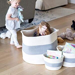 LITTLE HIPPO 3 Pcs Big Blanket Basket Living Room - (21"x16") Extra Large Rope Woven Baskets for Storage | 100% Natural Cotton Decorative Toy Basket with Handles | Boho Laundry Basket for Floor