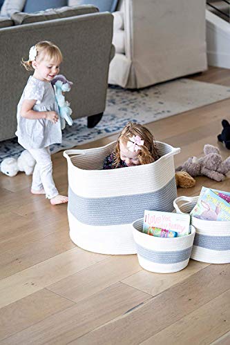 LITTLE HIPPO 3 Pcs Big Blanket Basket Living Room - (21"x16") Extra Large Rope Woven Baskets for Storage | 100% Natural Cotton Decorative Toy Basket with Handles | Boho Laundry Basket for Floor