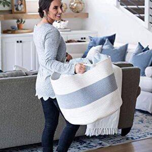 LITTLE HIPPO 3 Pcs Big Blanket Basket Living Room - (21"x16") Extra Large Rope Woven Baskets for Storage | 100% Natural Cotton Decorative Toy Basket with Handles | Boho Laundry Basket for Floor