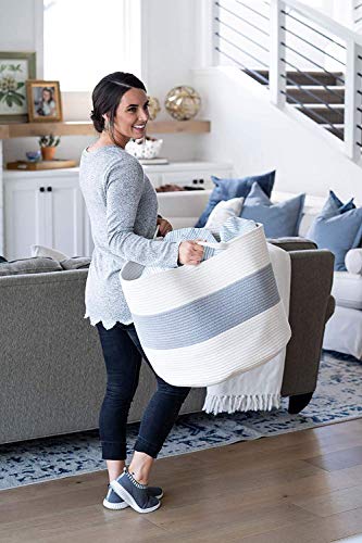 LITTLE HIPPO 3 Pcs Big Blanket Basket Living Room - (21"x16") Extra Large Rope Woven Baskets for Storage | 100% Natural Cotton Decorative Toy Basket with Handles | Boho Laundry Basket for Floor