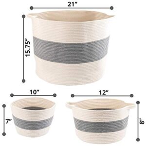 LITTLE HIPPO 3 Pcs Big Blanket Basket Living Room - (21"x16") Extra Large Rope Woven Baskets for Storage | 100% Natural Cotton Decorative Toy Basket with Handles | Boho Laundry Basket for Floor