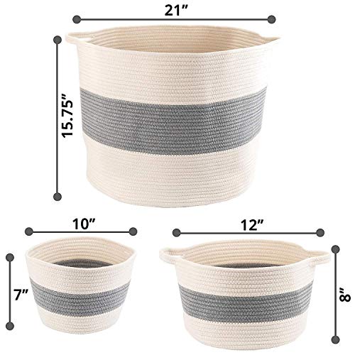 LITTLE HIPPO 3 Pcs Big Blanket Basket Living Room - (21"x16") Extra Large Rope Woven Baskets for Storage | 100% Natural Cotton Decorative Toy Basket with Handles | Boho Laundry Basket for Floor