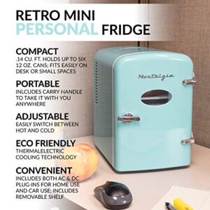 Nostalgia RF6RRAQ Retro 6-Can Personal Cooling and Heating Mini Refrigerator with Carry Handle for Home Office, Car, Boat or Dorm Room-Includes AC/DC Power Cords,,1 cubic feet, Aqua