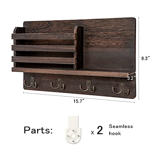 Dahey Wall Mounted Mail Holder Wooden Key Holder Rack Mail Sorter Organizer with 4 Double Key Hooks and A Floating Shelf Rustic Home Decor for Entryway or Mudroom,15.8" W x9.5 Hx2.7 D, Brown