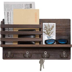 dahey wall mounted mail holder wooden key holder rack mail sorter organizer with 4 double key hooks and a floating shelf rustic home decor for entryway or mudroom,15.8" w x9.5 hx2.7 d, brown