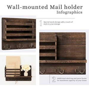 Dahey Wall Mounted Mail Holder Wooden Key Holder Rack Mail Sorter Organizer with 4 Double Key Hooks and A Floating Shelf Rustic Home Decor for Entryway or Mudroom,15.8" W x9.5 Hx2.7 D, Brown