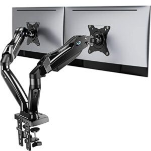 huanuo dual monitor stand, adjustable spring monitor desk mount for 13-27 inch, holds max 14.3lbs, computer monitor arms with wide range of motion for home office